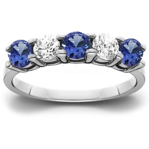 1.00Ct Blue Sapphire & Diamond 5-Stone Ring 14k White Gold, Blue And Sapphire, Unique Diamond Ring, Anniversary Ring, Engagement Ring