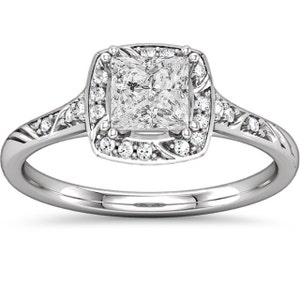 Engagement Ring 1.25CT Princess Cut Diamond Vintage Halo 1CT Center Engagement Ring Sculptural Antique Style 14K White Gold