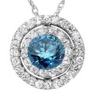 1.25 cttw Blue & White Diamond Double Halo Pendant 14K White Gold