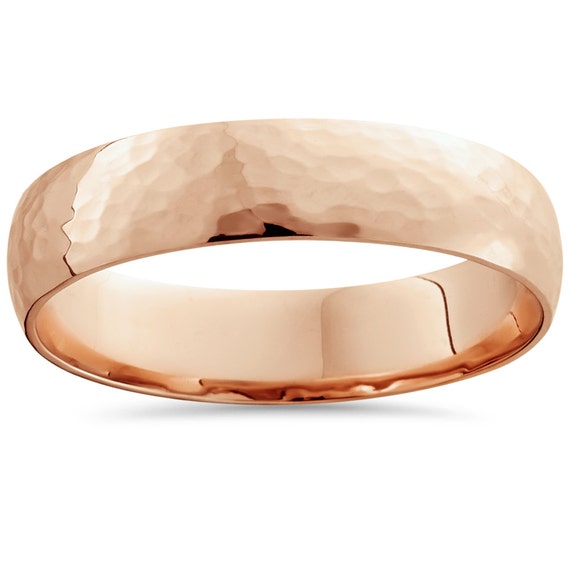 Mens 5MM Hammered High Polished 14 Karat Rose Gold Wedding Ring Band Size  (7-12)