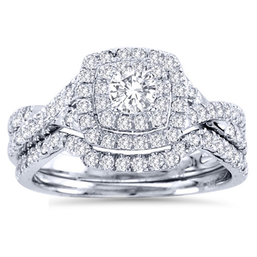 Diamond Engagement Ring Set, 1.10CT Diamond Cushion Double Halo ...