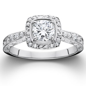 Diamond Engagement Ring Vintage Sculptural .90CT Diamond Cushion Halo Engagement Ring 14K White Gold