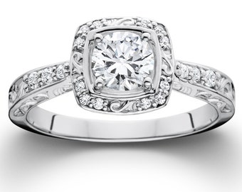 Diamond Engagement Ring Vintage Sculptural .90CT Diamond Cushion Halo Engagement Ring 14K White Gold