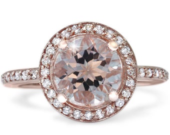 Rose Gold Morganite Halo Diamond Engagement Ring 2.40CT Morganite & Diamond Halo Rose Gold Engagement Ring 14 Karat size 4-9