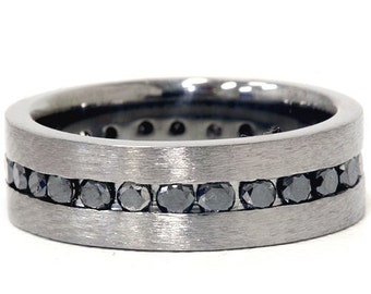 Mens 1.50CT Black Diamond Comfort Fit Channel Set 6MM Flat Wedding Ring 14K Black Gold Band Size (7-12)