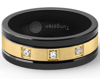 Men's Black & Gold Plated Tungsten 8mm Lab Created Diamond Wedding Band