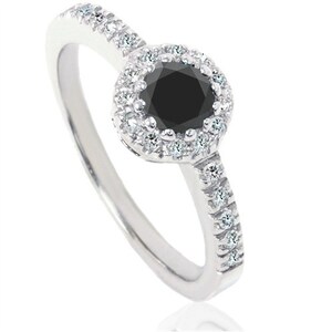 Engagement Ring Diamond 1.00 ct Black & White Diamond 14K White Solid Gold Bridal Engagement HALO Ring image 2