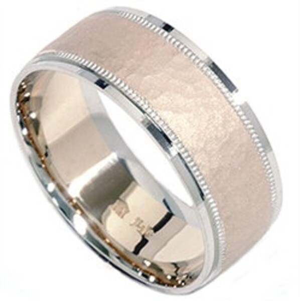 Mens Hammered White & Yellow 14K Gold Two Tone 8MM Brushed Wedding Ring Band Size (7-12)