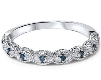 Vintage Blue Diamond Ring 1/10CT Wedding Ring Womens Antique Style Engraved Unique Ring 14 Karat White Gold Size 4-9