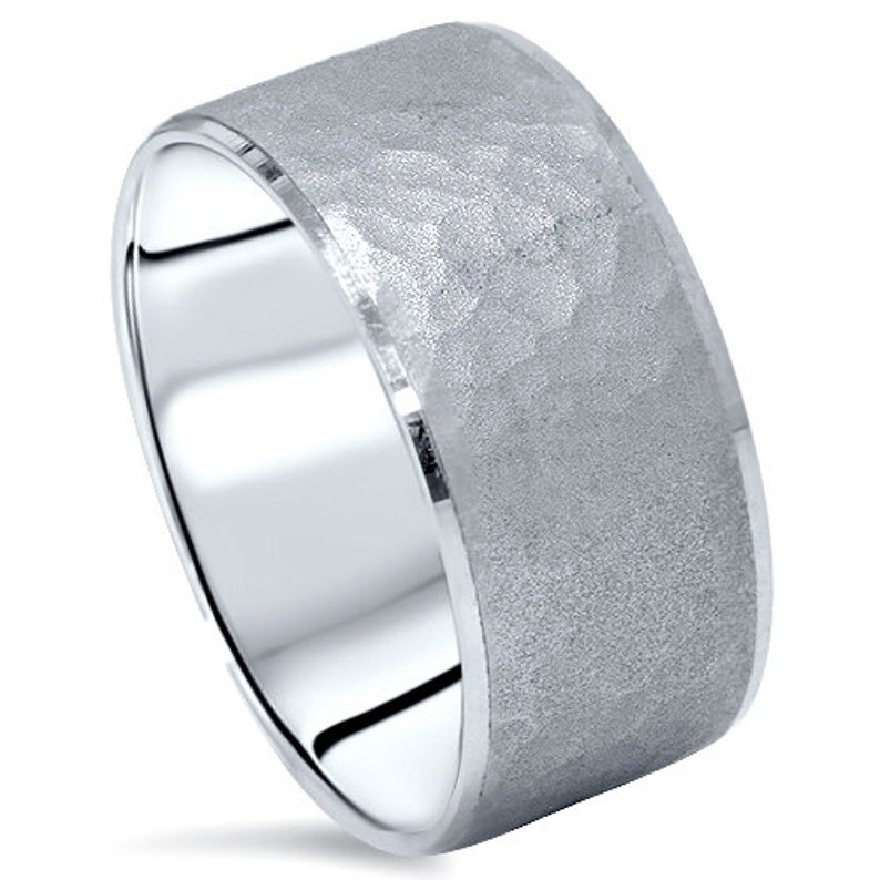 10MM Hammered 14 KT White Gold Mens Wedding Ring Band