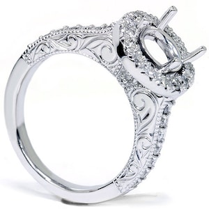 Vintage 1/2CT Halo Diamond Engagement Ring Setting White Gold Semi Mount Antique Style Hand Engraved 14 Karat Size 4-9 Fits 6.5-7.5MM