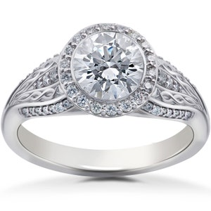 Womens Diamond Engagament Ring 1 1/4 ct Lab Grown Diamond Vintage Halo Zoe Engagement Ring White Gold 14k image 1
