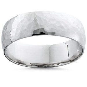 Hammered 14K White Gold 7MM Flat Mens Polished Wedding Band Ring Size 7-12