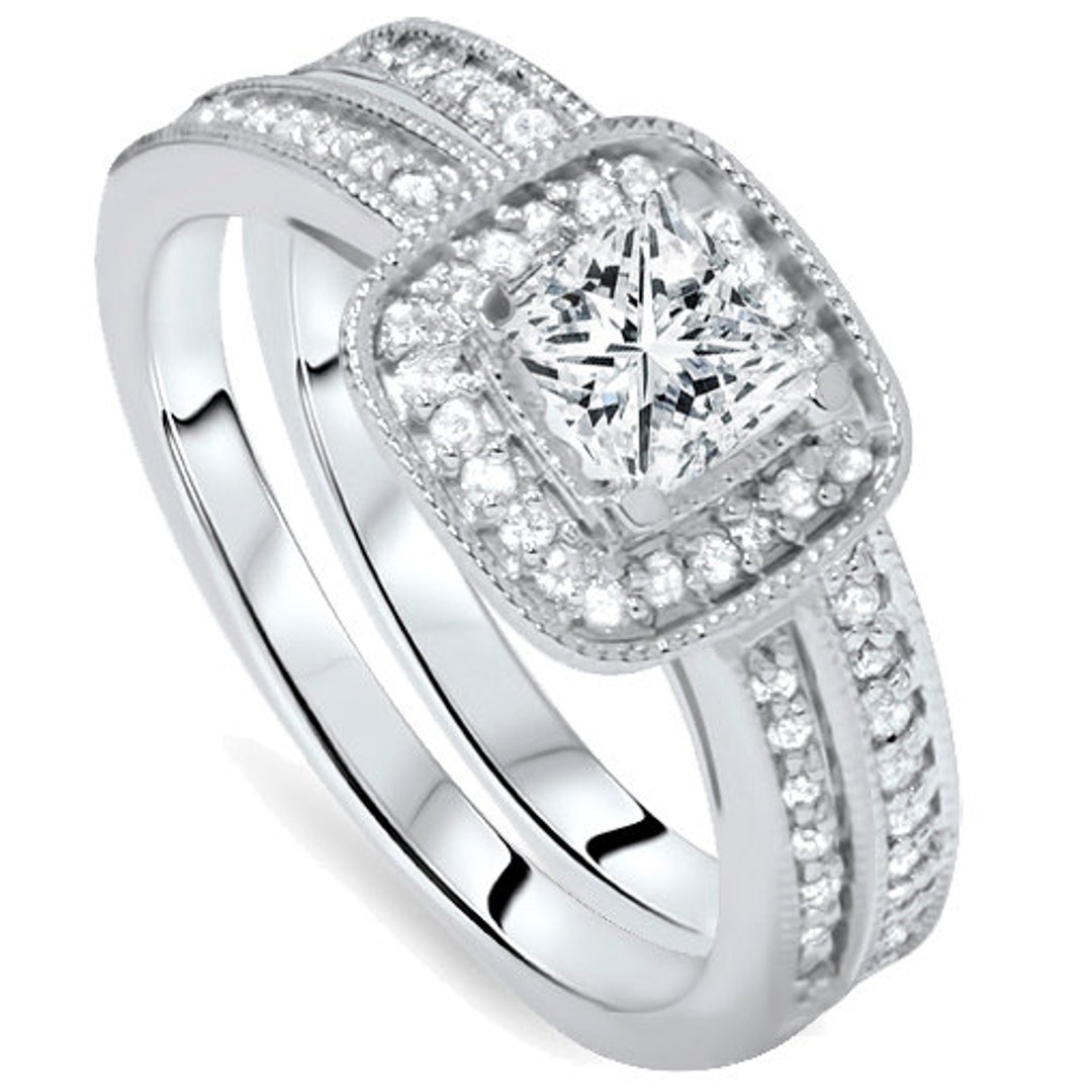 1.15CT Princess Cut Diamond Engagement Ring Bridal Set Matching