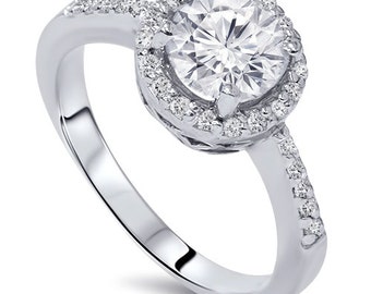 Engagement Ring Diamond 1.75CT Diamond Halo Engagement Ring 14 Karat White Gold Round Antique Vintage Style Accents