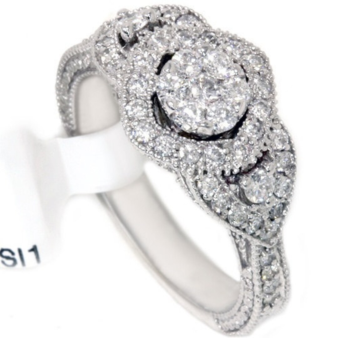 Engagement Ring Diamond VS .77CT Vintage Diamond Pave Engagement Antique Hand Engraved 18K White