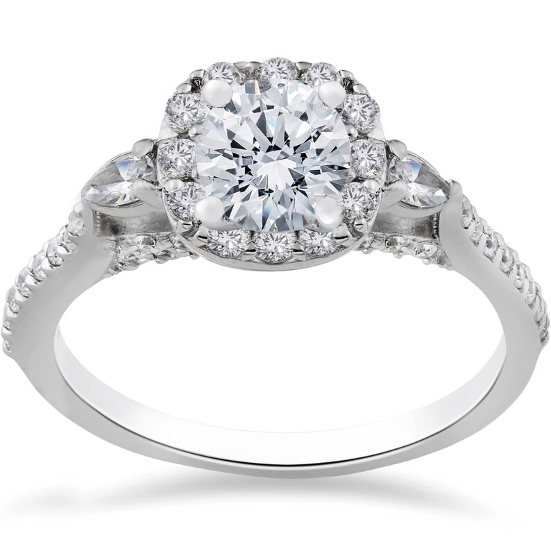 Round Diamond Cushion Halo Vintage Engagement Ring 14k White Etsy