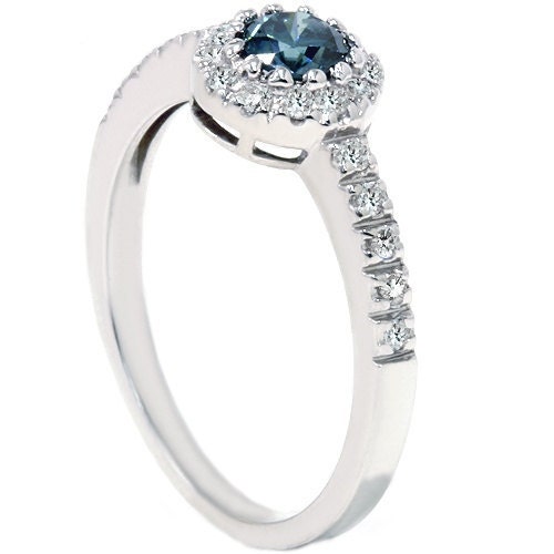 Blue Diamond Engagement Halo Ring 14K White Gold Vintage - Etsy