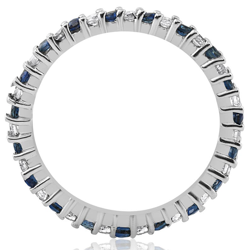 Blue Sapphire Diamond Eternity Ring Anniversary Thin Band 1/2ct Blue Sapphire Diamond Wedding Band Stackable Eternity Ring 14k White Gold image 2