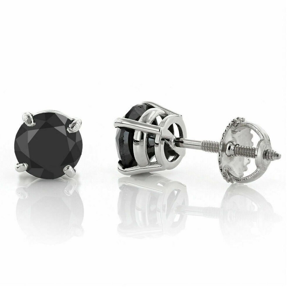 1 1 2ct Black Diamond Screw Back Studs Womens Earrings 14K White