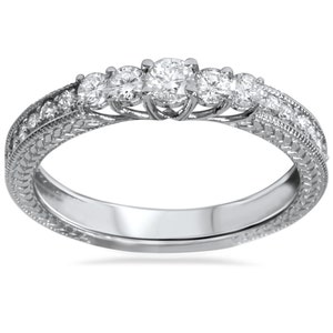 Engagement Ring Diamond 1/2CT 5-Stone Vintage Diamond Anniversary Ring Engagement 14K White Gold Hand Engraved Art Deco
