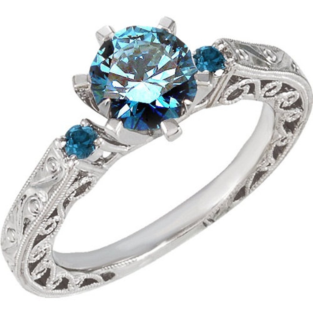 Engagement Ring Vintage 1.10CT Blue Diamond Hand Engraved - Etsy