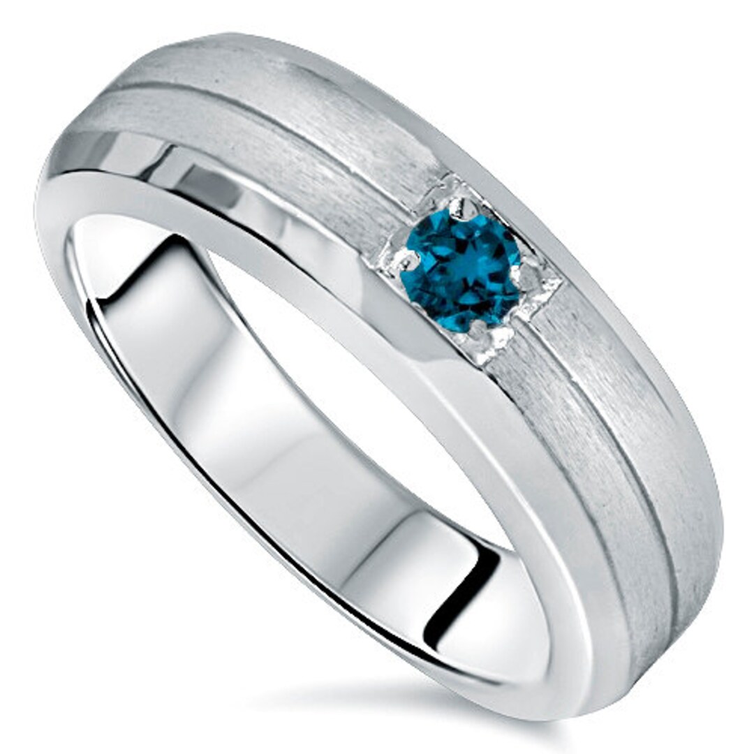 Blue Diamond Solitaire Brushed Wedding Mens Ring 14K White Gold - Etsy
