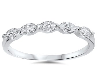 1/2Ct Marquise Diamond Wedding Ring G/H SI Five Stone Anniversary Stackable Band 14K White Gold Size 4-9