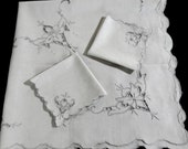 Ecru Linen Tablecloth 2 Napkins Madiera Taupe Cut Work Stitching Luncheon Cloth 34 by 34 Inches 502A
