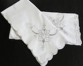 2 Tablecloths White Linen Madeira Taupe Cut Work Stitching 31 by 32 Inches 599A