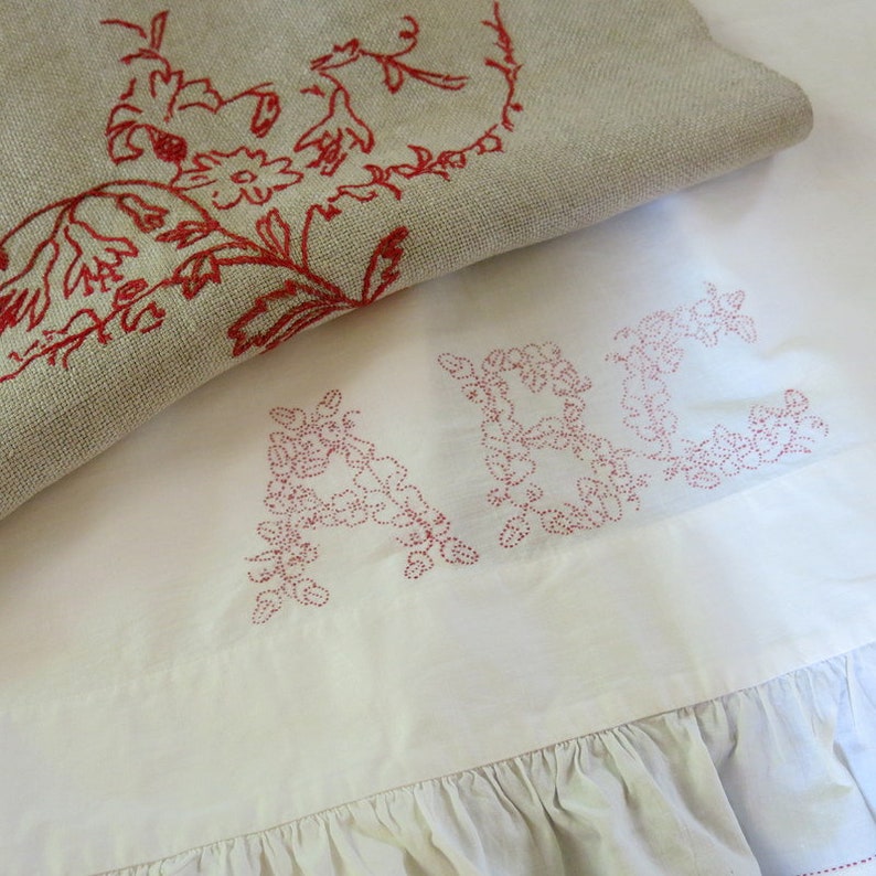 Victorian Red Work Bed Pillow Cover ABC Bleached Mulsin Edge Ruffle 25 by 76 Inches 447A