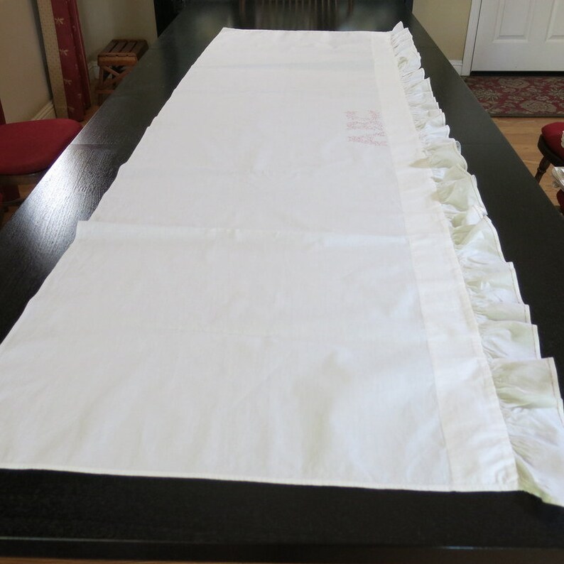 Victorian Red Work Bed Pillow Cover ABC Bleached Mulsin Edge Ruffle 25 by 76 Inches 447A