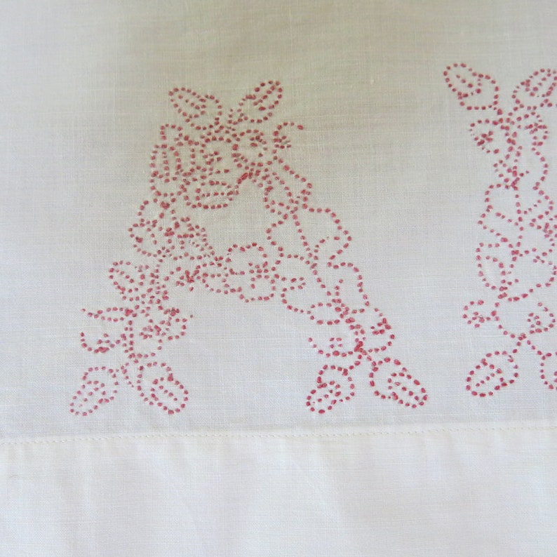 Victorian Red Work Bed Pillow Cover ABC Bleached Mulsin Edge Ruffle 25 by 76 Inches 447A