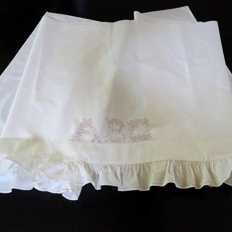 Victorian Red Work Bed Pillow Cover ABC Bleached Mulsin Edge Ruffle 25 by 76 Inches 447A