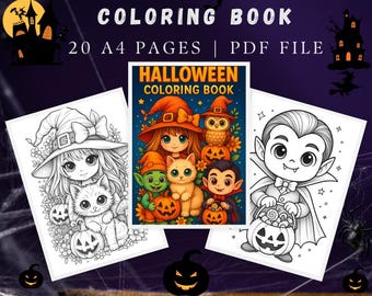 20 Halloween coloring pages with witches and pumpkins - instant download, coloring pages for kids and adults, digital coloring pages, printable PDF file.
