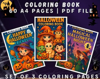 60 Halloween coloring pages with witches and pumpkins - instant download, coloring pages for kids and adults, digital coloring pages, printable PDF file.