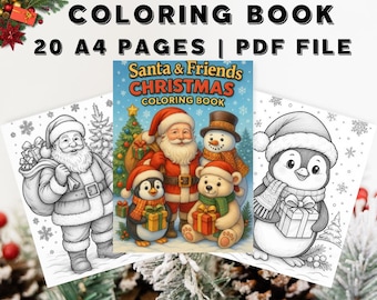 20 Christmas coloring pages with Santa and gifts - instant download, coloring pages for adults and kids, digital coloring pages, printable PDF file.