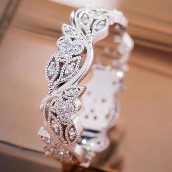 Fede nuziale vintage in filigrana / Anello in argento sterling 925 / Anello con simulante di diamante ispirato alla natura / Regalo di anniversario per donna