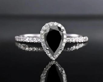 Pear Cut Black Diamond Halo Ring, White Gold Engagement Ring