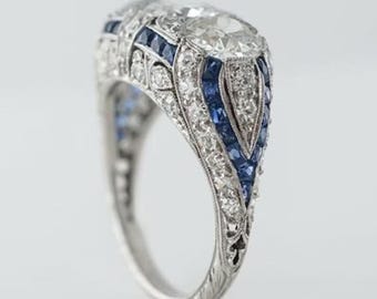 Vintage Art Deco Inspired Sapphire and Diamond Engagement Ring, Old Euro Cut Halo Ring for Bride, Unique 14k Gold September Birthstone Band