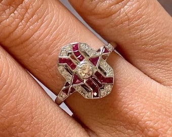 Art Deco Diamond Ruby Ring, Unique Vintage Inspired Engagement Ring, White Gold Filigree Cocktail Ring, Anniversary Gift for Her