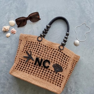 Personalized Raffia Beach Tote, Tan Net Raffia Tote, Shell Accents