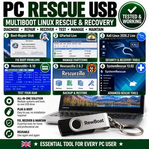 May include: A black and silver USB flash drive with the brand name RewBoat printed on the metal swivel cover. The drive is attached to a metal keyring and is presented against a background featuring text and graphics detailing PC rescue software.