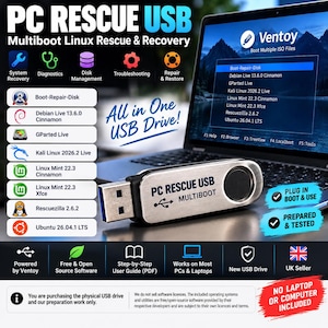 May include: A silver-toned USB flash drive labelled PC RESCUE USB MULTIBOOT with a blue connector. The image displays a list of included software like Debian, GParted, Kali Linux, Linux Mint, Rescuezilla, and Ubuntu, alongside a laptop screen.