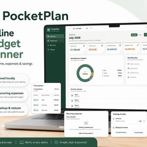 Könnte beinhalten: Ein Laptop-Bildschirm mit der Benutzeroberfläche der Offline-Budgetplanungssoftware PocketPlan. Das Dashboard zeigt Finanzdaten wie Einnahmen, Ausgaben und Ersparnisse mit Diagrammen und Transaktionslisten. Der Text umfasst PocketPlan, Offline Budget Planner, Track income, expenses & savings, Saved locally, Recurring expenses und Backup & restore.
