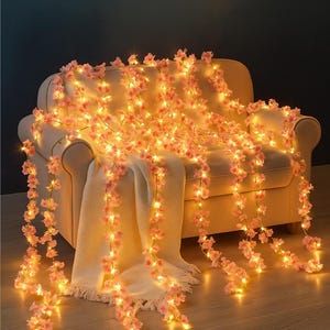 Blossom Fairy String Lights – Pink Flower Garland with Warm White LED, Hanging Floral Decor for Bedroom, Wedding, Party or Fireplace
