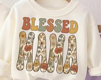 Bendita Mamá PNG, Diseño de camiseta floral retro, Sublimación de mamá bohemia vintage, Regalo del Día de la Madre PNG, Descarga digital de camiseta de mamá bohemia