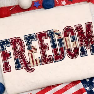 フリーダムパッチワークPNG、愛国的なバンダナ昇華デザイン、7月4日シャツグラフィック、Tシャツ用ヴィンテージアメリカンデジタルダウンロード