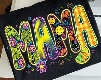 Neon Mama PNG, diseño de camiseta retro colorida para mamá, gráfico de sublimación moderno para el Día de la Madre, descarga de PNG de camiseta divertida de verano para mamá