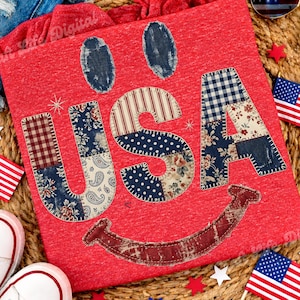 Patchwork USA Smiley Face PNG, Patriotic Americana Sublimation Design (Digital Download)